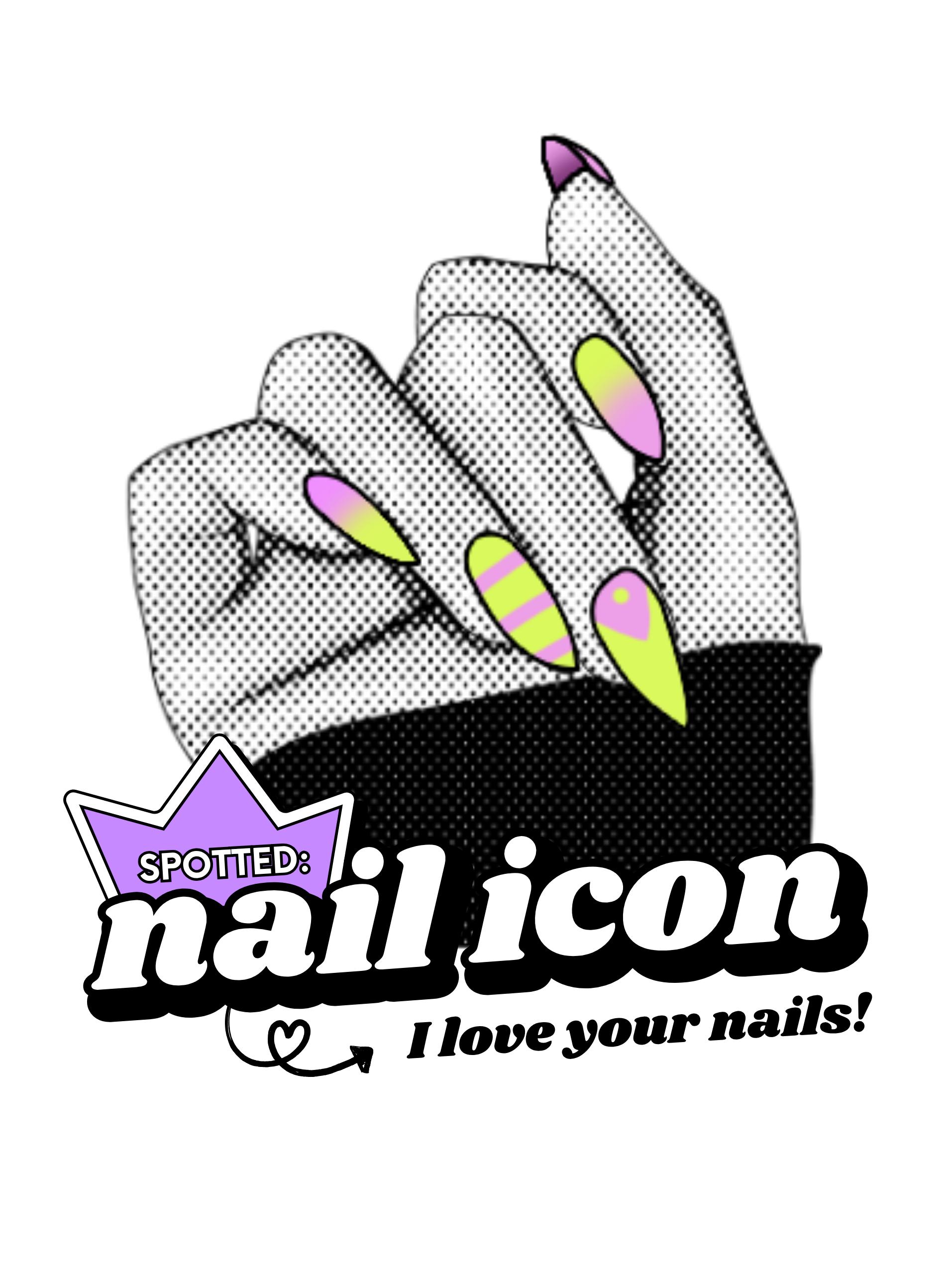 Illustrated hand with colorful nail art